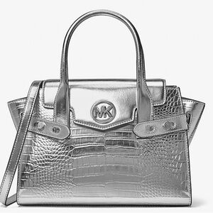 Carmen Medium Metallic Crocodile Embossed Belted Satchel